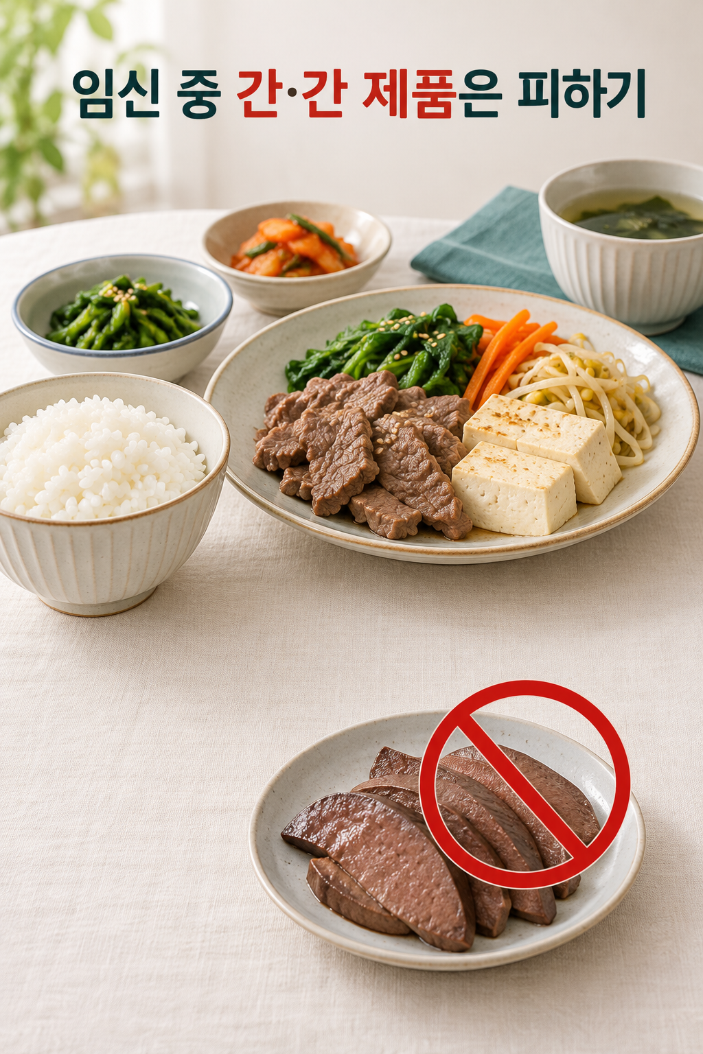 살코기와 두부·채소 식사 옆에 임신 중 피할 간 접시를 따로 표시한 구성