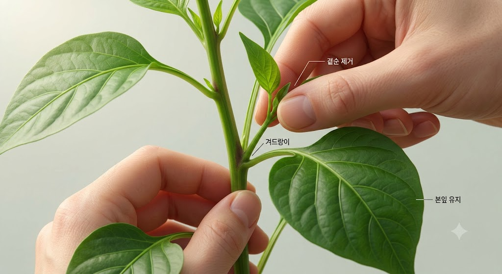 줄기와 본잎 사이에 자라난 곁순만 손으로 따내고 둥글고 넓은 본잎은 온전히 남겨두는 동작