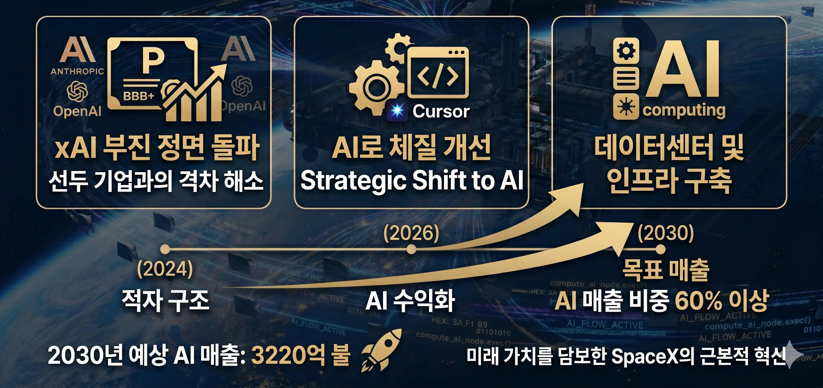 스페이스X가 AI 사업으로 체질을 개선하는 배경과 골드만삭스 매출 전망을 정리한 요약 카드 이미지