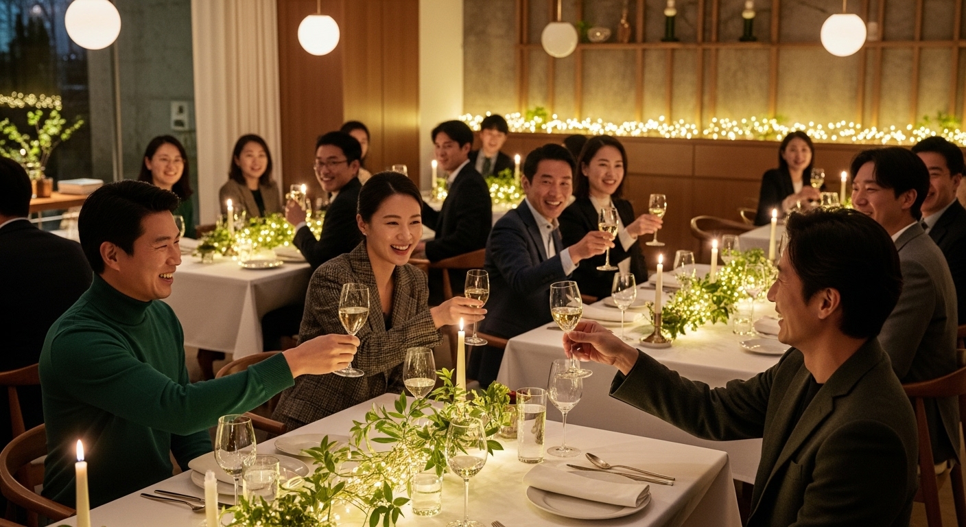 2025년 서울의 한 레스토랑에서 열린 따뜻하고 활기찬 연말 송년회 풍경. 초록색과 금색 장식, 우아하게 세팅된 테이블에서 사람들이 즐겁게 건배하고 있다.