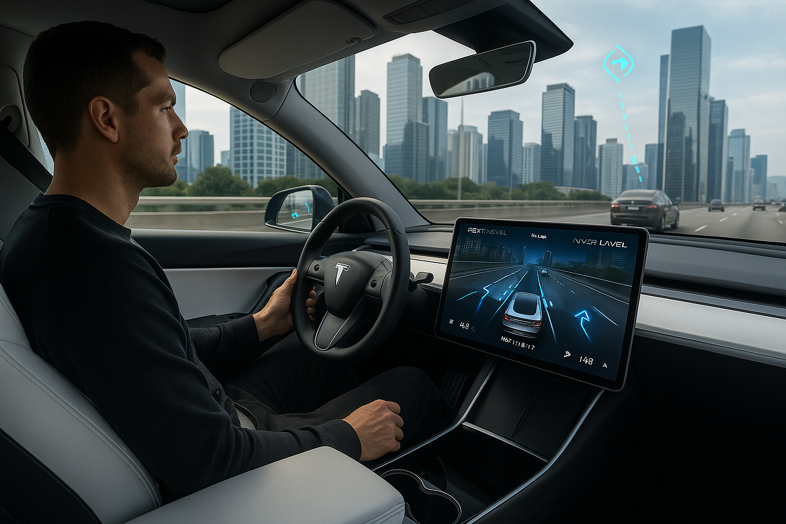 자율주행 중인 테슬라의 차량 실내 이미지