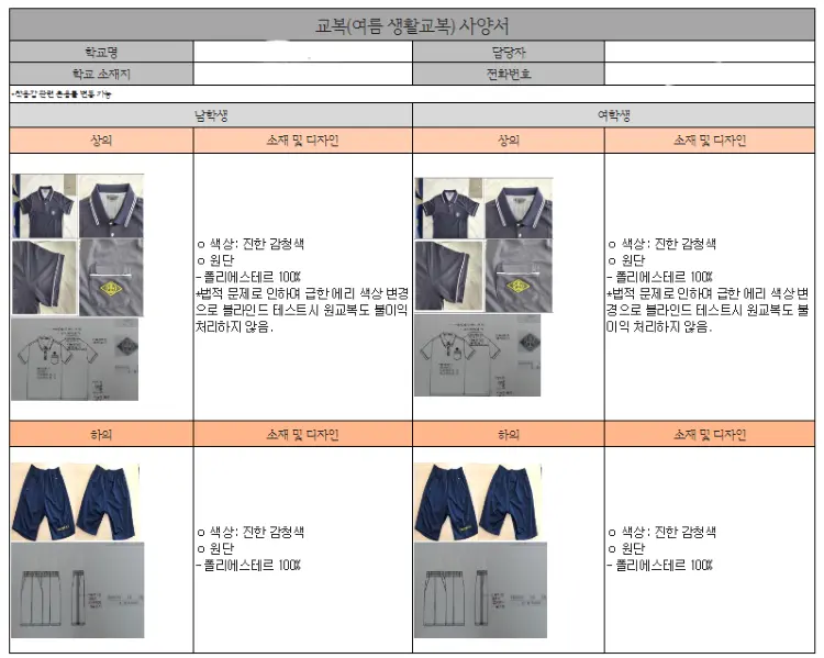 중학교 교복중 여름 생활복으로 카라 반팔티와 반바지와 원단소재설명
