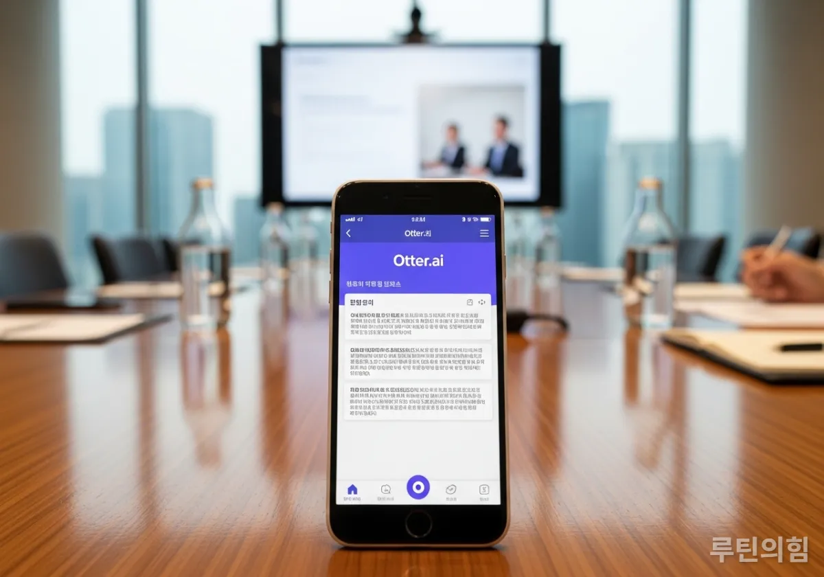 한국어 회의 내용을 실시간으로 받아쓰고 요약하는 오터 AI 앱이 실행된 스마트폰
