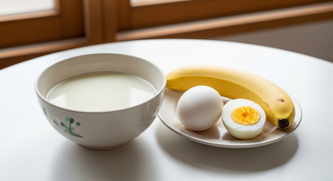 삶은 달걀과 바나나&amp;#44; 두유로 구성된 한국식 다이어트 아침 식단