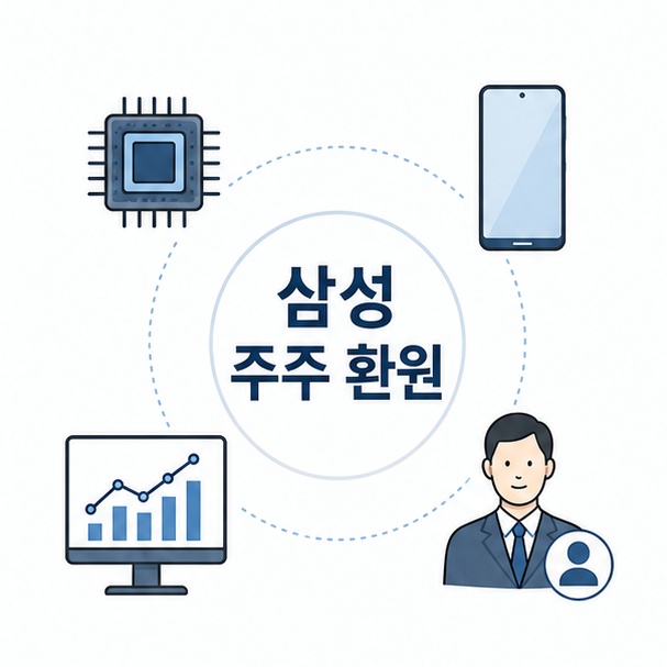 반도체와 스마트폰, 주식 그래프를 이용해 삼성전자의 주주 환원 정책을 소개하는 그림