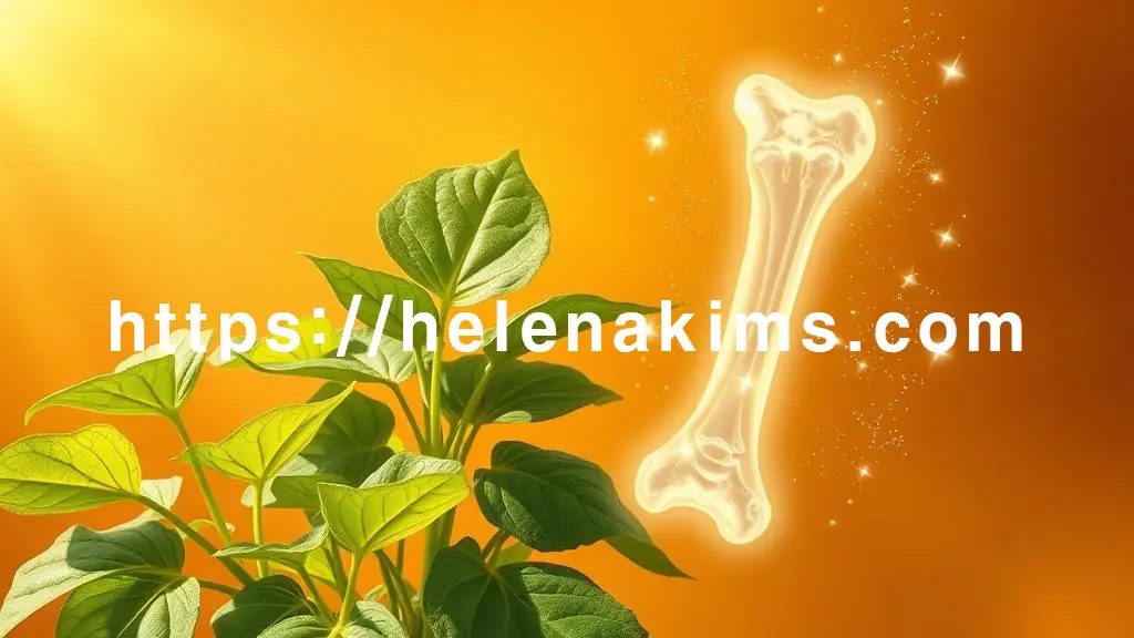 따뜻하고 안정감 있는 황금빛 배경. 싱그러운 고구마순 잎과 줄기가 화면 중앙에 배치되어 있고, 그 옆에는 빛나는 은빛 또는 아이보리색의 튼튼하고 건강한 뼈의 그래픽 모델이 투명하게 떠 있다.