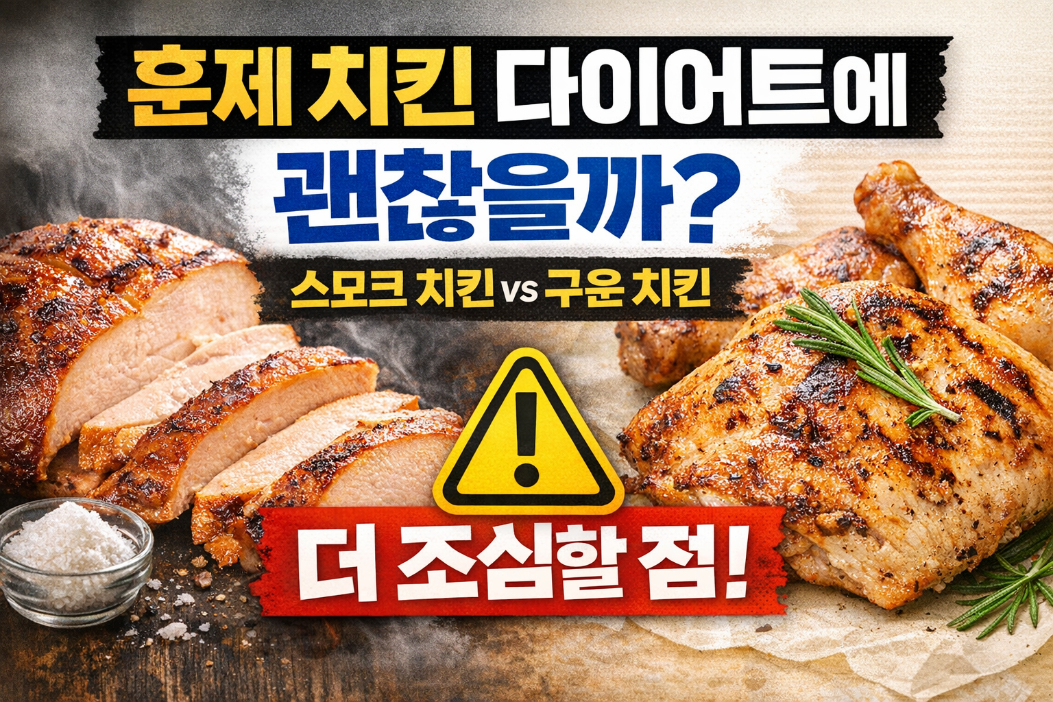 훈제 치킨 다이어트에 괜찮을까, 스모크 치킨과 구운 치킨을 비교하며 나트륨과 가공 정도를 강조한 썸네일 이미지