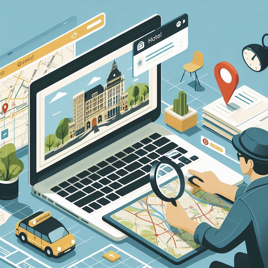 A traveler comparing hotel locations on a laptop screen, with a map open showing tourist attractions and subway lines. Clean and informative design.
