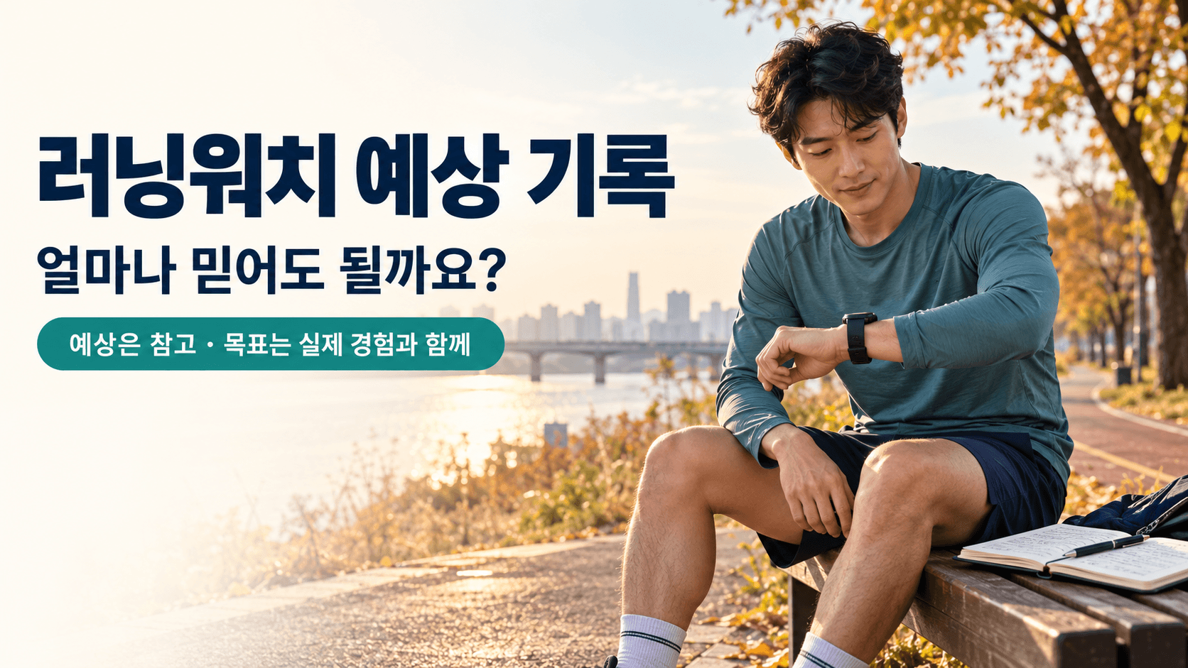 강변 벤치에서 훈련일지를 옆에 두고 러닝워치를 확인하는 러너와 ‘예상은 참고, 목표는 실제 경험과 함께’라는 예상 기록 활용 안내 문구