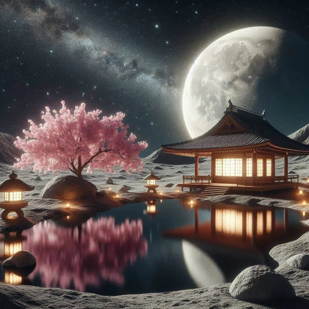 달 표면 위에 펼쳐진 환상적인 일본식 정원. 만개한 벚나무와 조명을 밝힌 석등, 고즈넉한 전통 목조 건물이 연못 위에 반사되고 있으며, 배경에는 거대한 보름달과 은하수가 떠 있다.