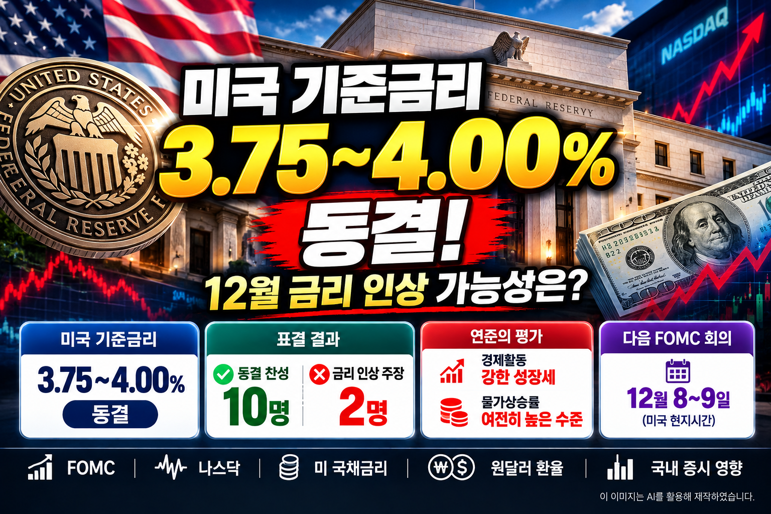 2026년 10월 미국 FOMC 기준금리 3.75~4.00% 동결과 찬성 10명&middot;반대 2명 표결 결과, 12월 금리 인상 가능성 및 나스닥과 원달러 환율 영향을 나타낸 이미지