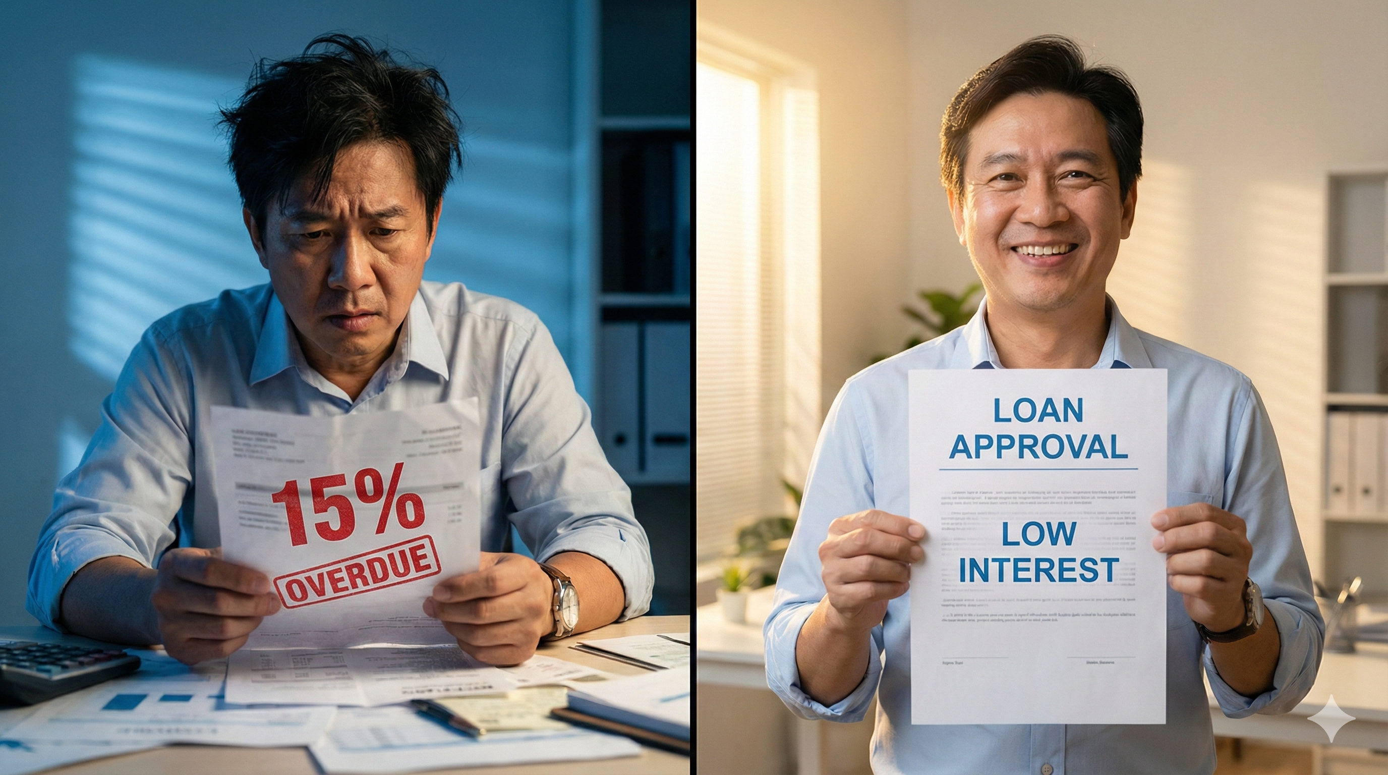 왼쪽엔 15% 고금리 청구서를 보고 머리를 싸매는 사장님, 오른쪽엔 2%대 대출 승인 서류를 들고 환하게 웃는 사장님의 비교 모습