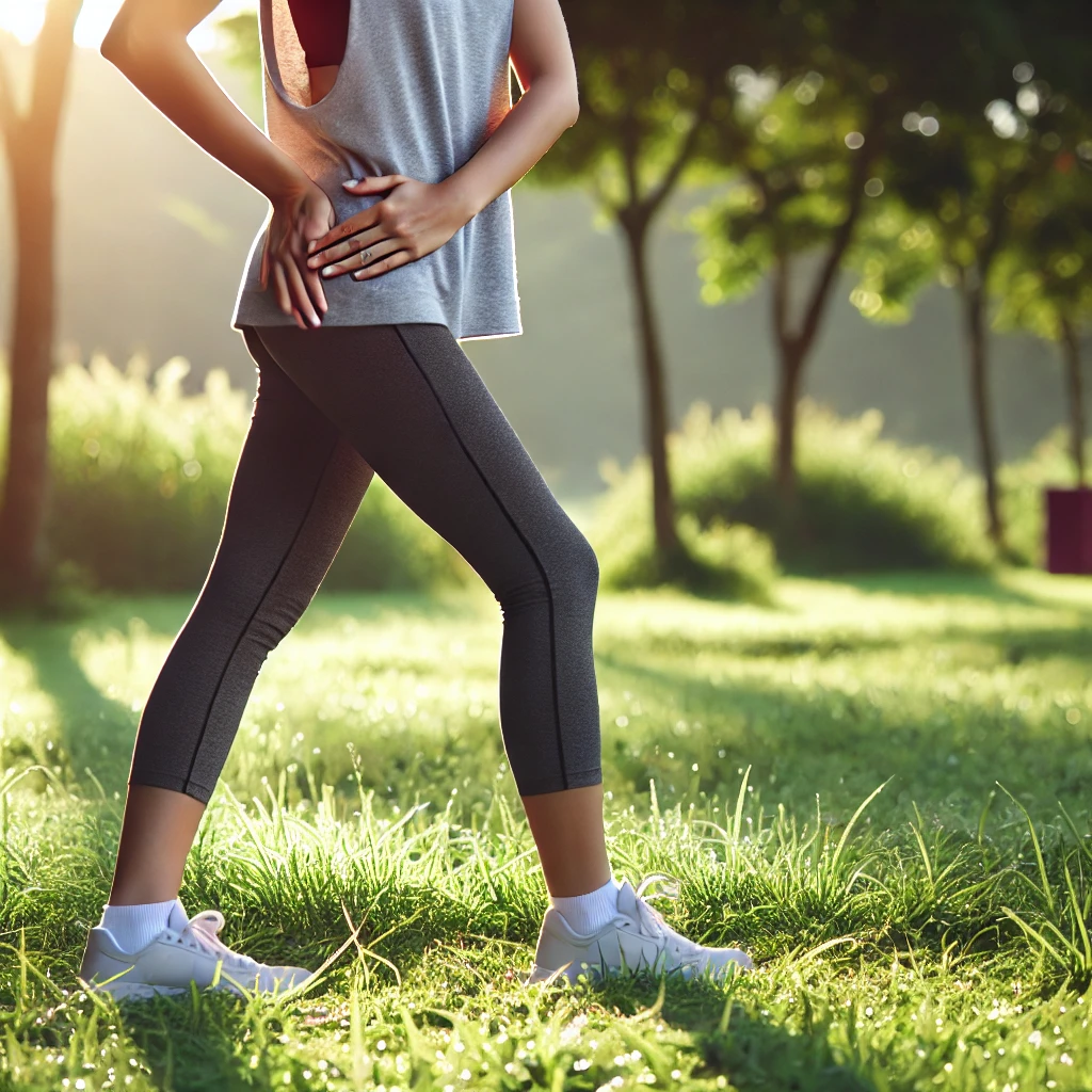 "야외에서 상체를 비트는 동작을 수행하는 사람: 폐 주변 근육을 풀어주고 산소 흡수 효율을 높이는 간단한 스트레칭"