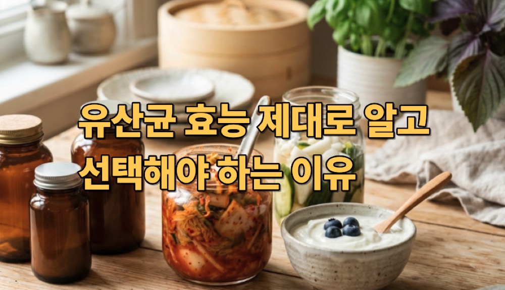 식탁 위에 놓인 유산균과 요거트 구성