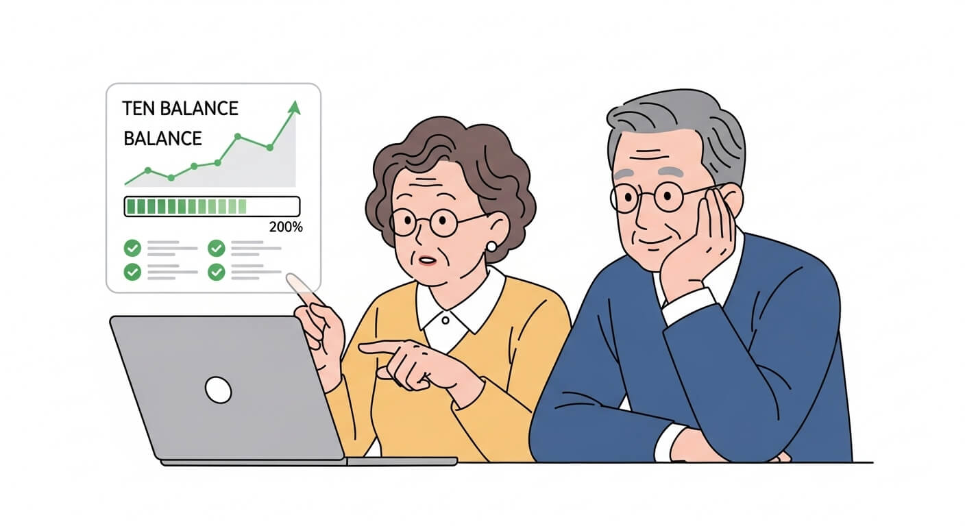 노부부가 노트북으로 연금 기준표를 확인하고, 수급 여부를 살펴보는 장면 3