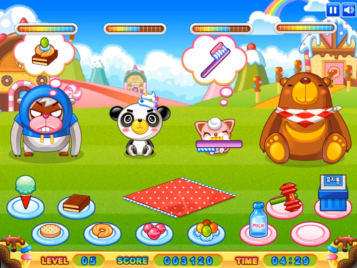 동물농장-타이쿤-플래시게임-플레이-핑크색-고양이의-이빨을-칫솔로-닦아주는-화면