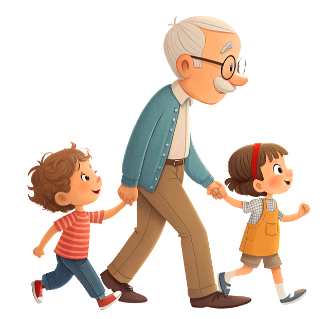백발 할아버지가 양손에 어린 손자와 손녀 손을 잡고 걸어가는 옆모습이다.