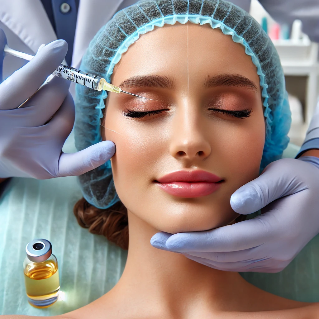 피부과에서 물광 주사를 통해 피부에 수분을 공급하고 광택을 부여하는 장면