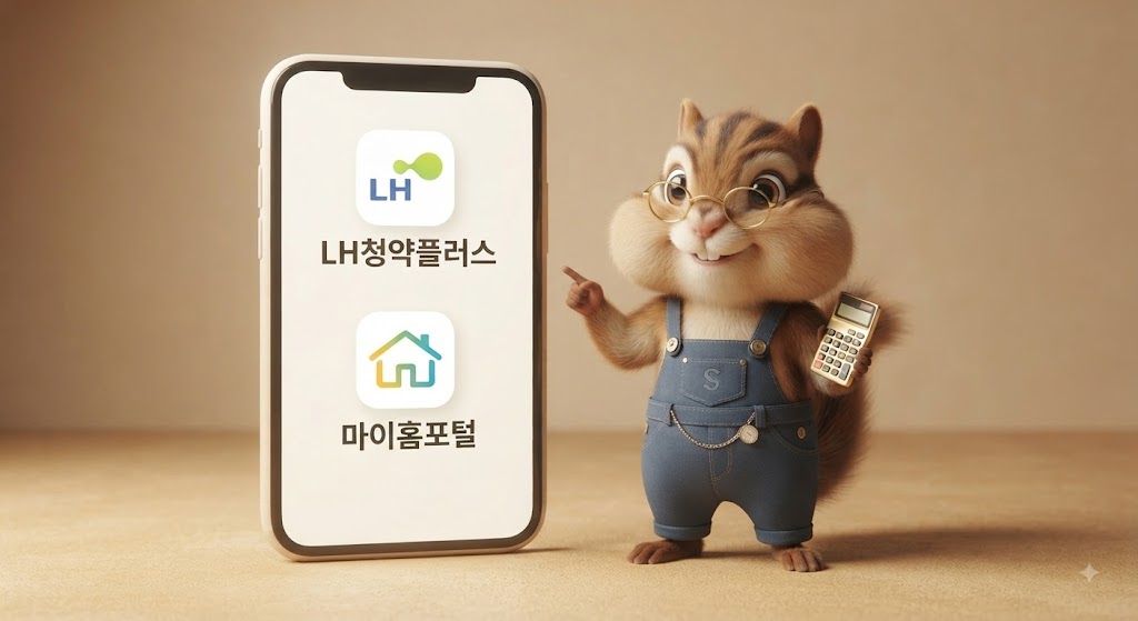다람쥐 캐릭터가 LH청약플러스와 마이홈포털 신청 경로를 가리키는 장면
