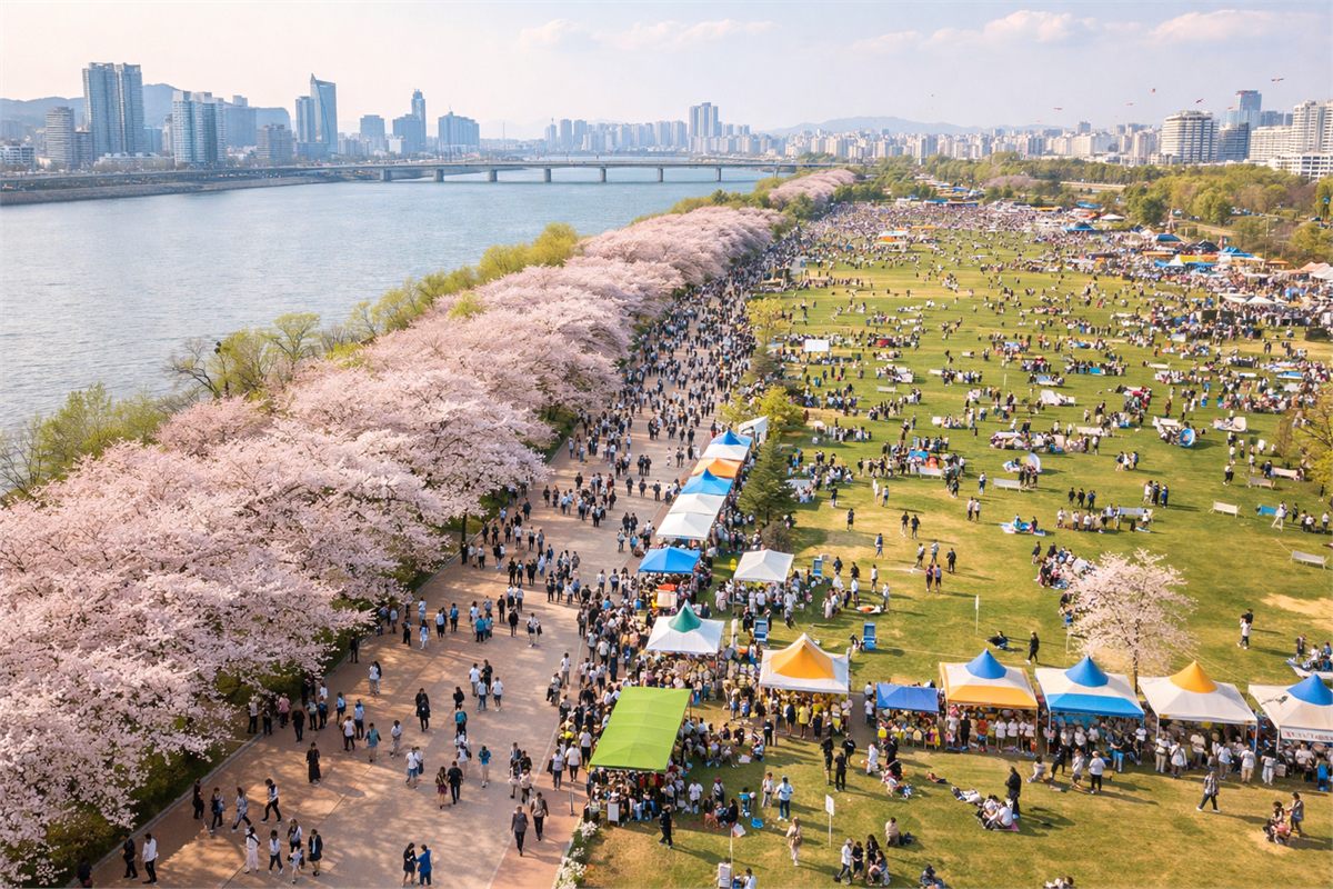 강변을 따라 펼쳐진 대형 봄 축제 현장을 위에서 내려다본 모습