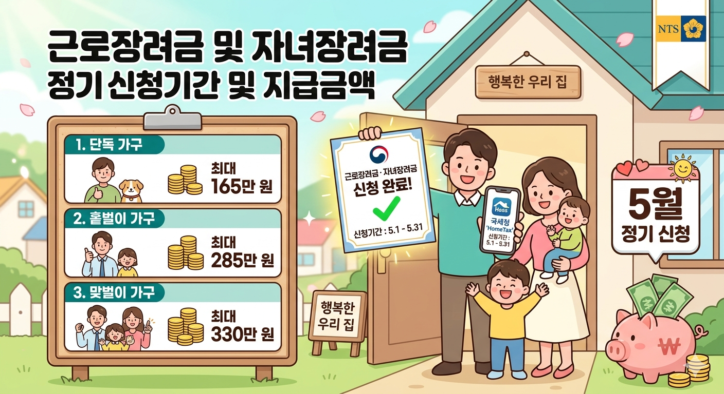 근로장려금 및 자녀장려금 정기 신청 기간과 가구 유형별 지급액