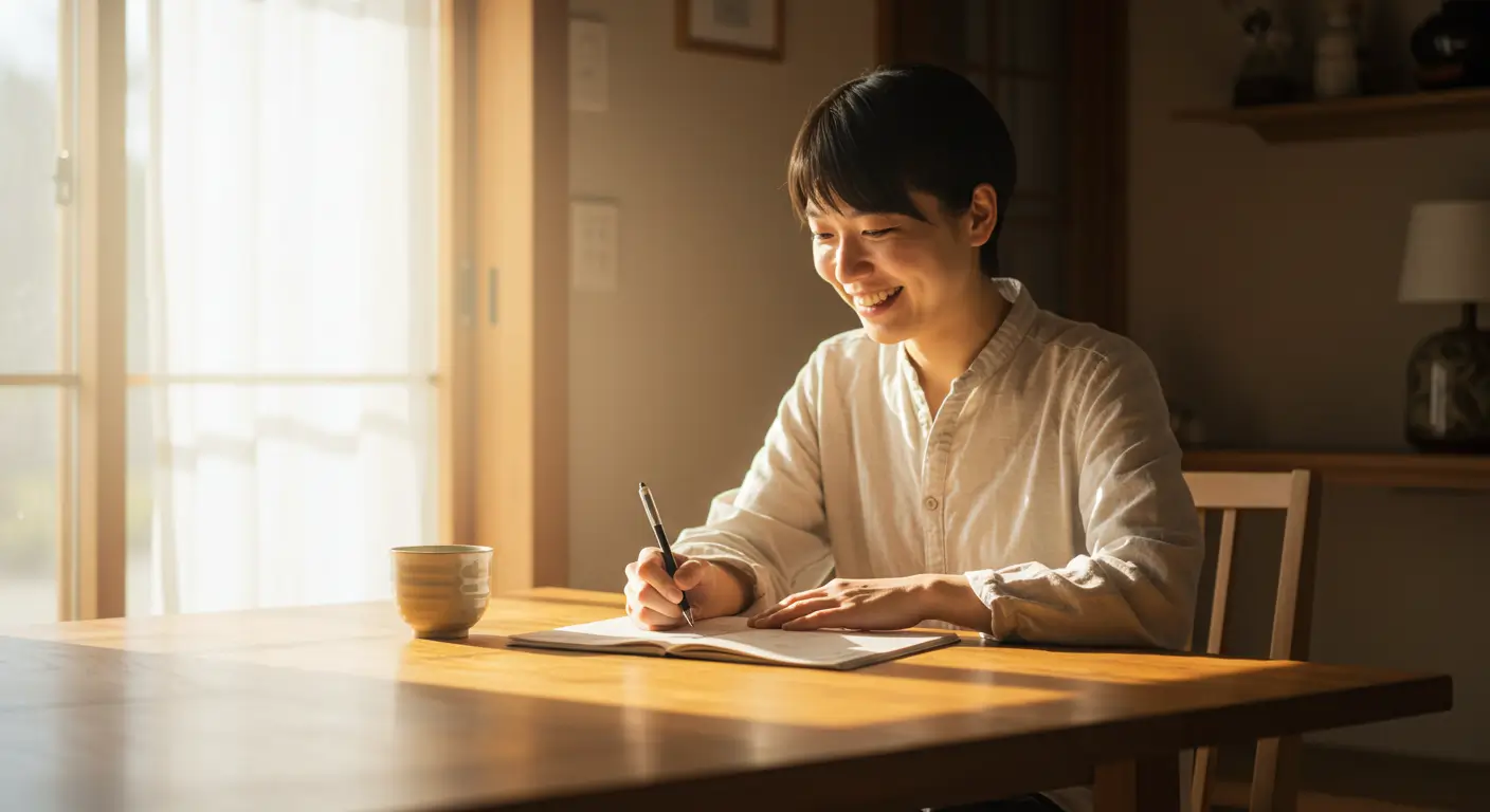 정부지원 채무통합으로 재정 안정을 찾고 가계부를 쓰는 모습