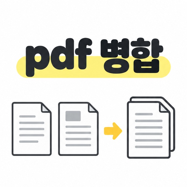 노란색으로 강조한 pdf 병합 제목 아래 두 문서가 화살표를 따라 한 묶음으로 합쳐지는 그림