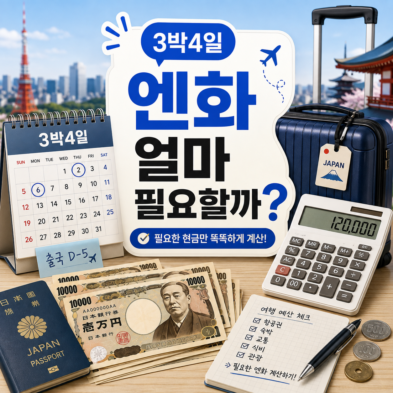 일본여행 3박4일 엔화 환전 금액과 현금 카드 준비를 보여주는 이미지