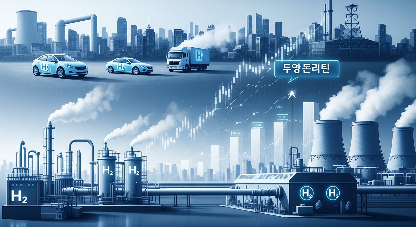 푸른색과 회색 톤으로 표현된 미래 지향적인 수소 에너지 산업 전경. 덕양에너젠 로고와 함께 주가 상승을 암시하는 그래픽이 있는 수소 생산 시설과 수소차, 수소 발전소의 모습.