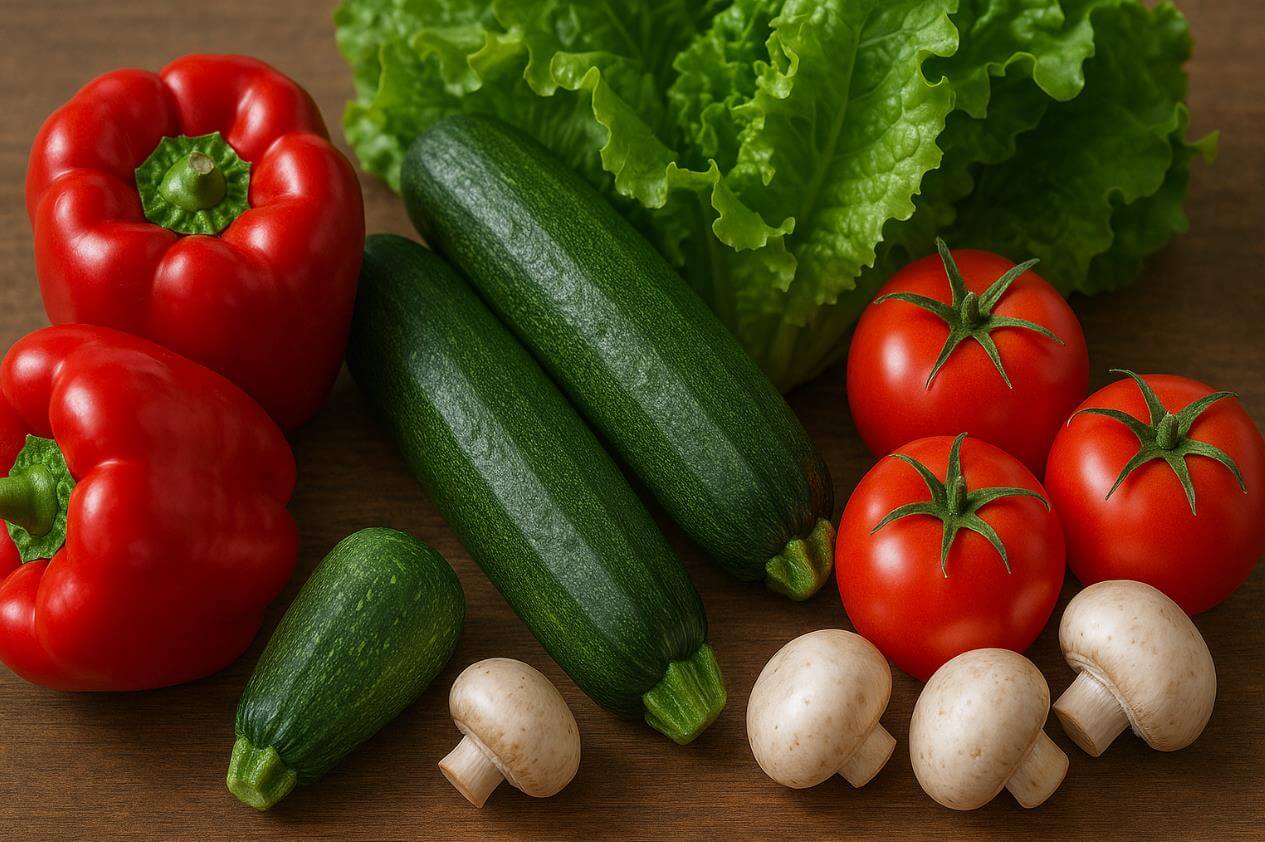 파프리카, 애호박, 토마토, 양상추, 버섯 등 신선한 채소.