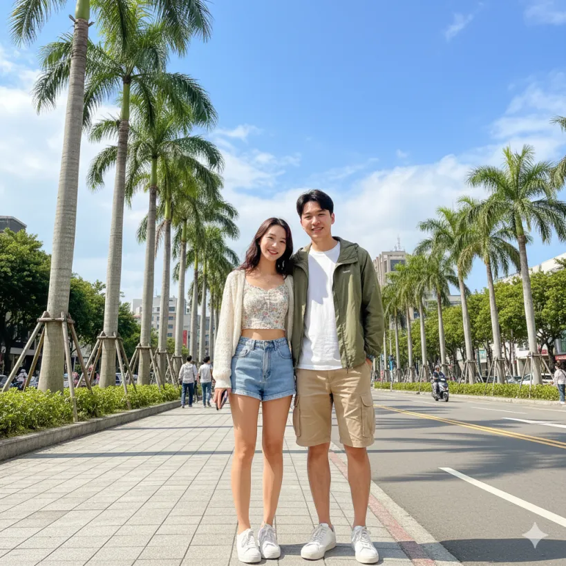 10월 가오슝 여행에 맞는 옷차림을 한 커플. 여자는 가벼운 가디건, 남자는 얇은 바람막이를 입고 밝게 웃고 있다.