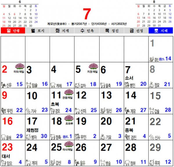 2023년 7월 음력 달력, 불교 달력, 일진 달력