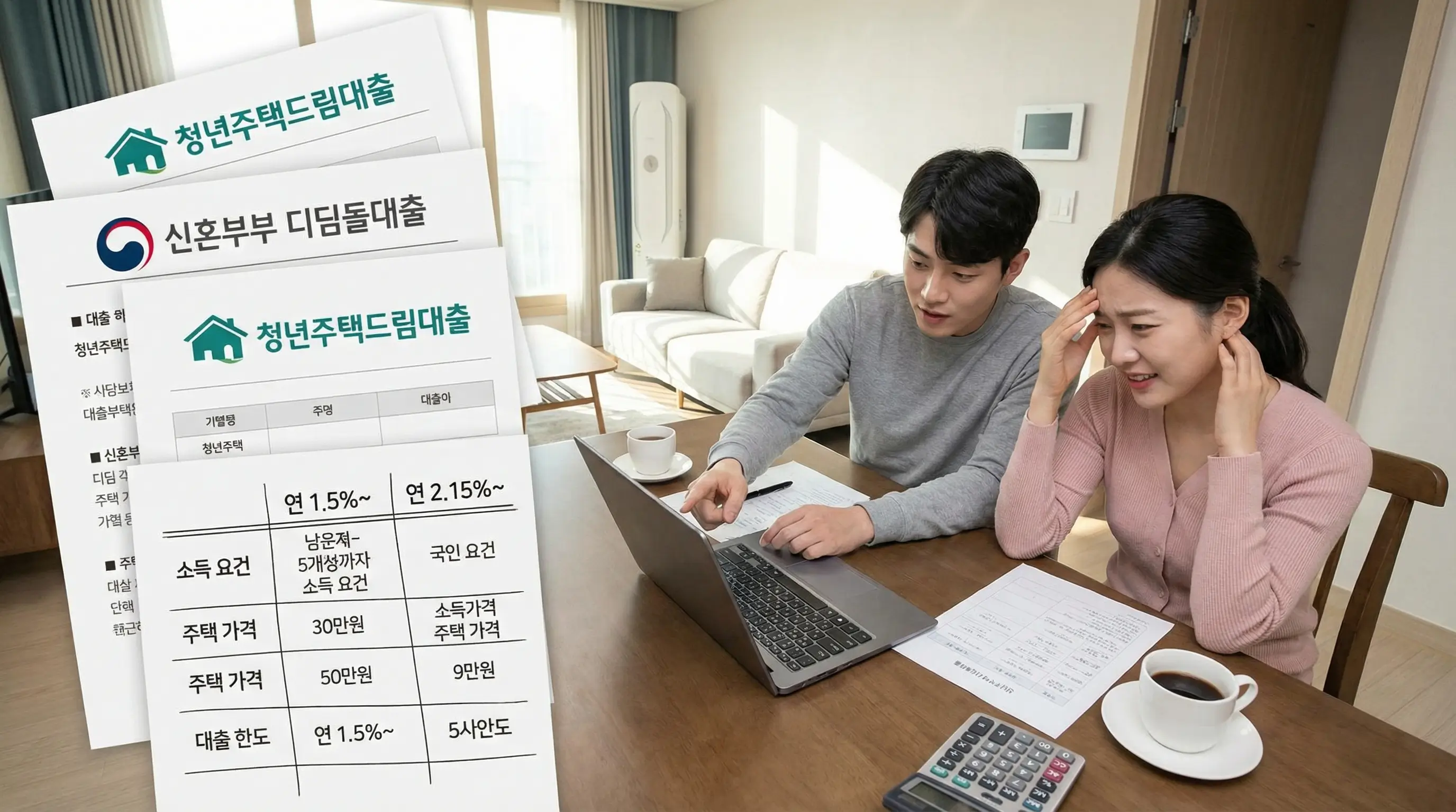 청년주택드림대출과 신혼부부 디딤돌대출의 금리와 조건을 비교하며 고민하는 신혼부부의 모습