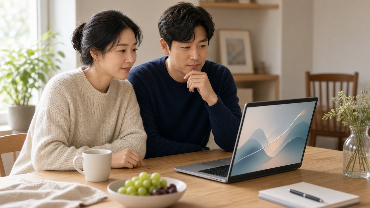 식탁에서 노트북을 보며 투자 계좌 구성을 함께 상의하는 30대 한국인 부부