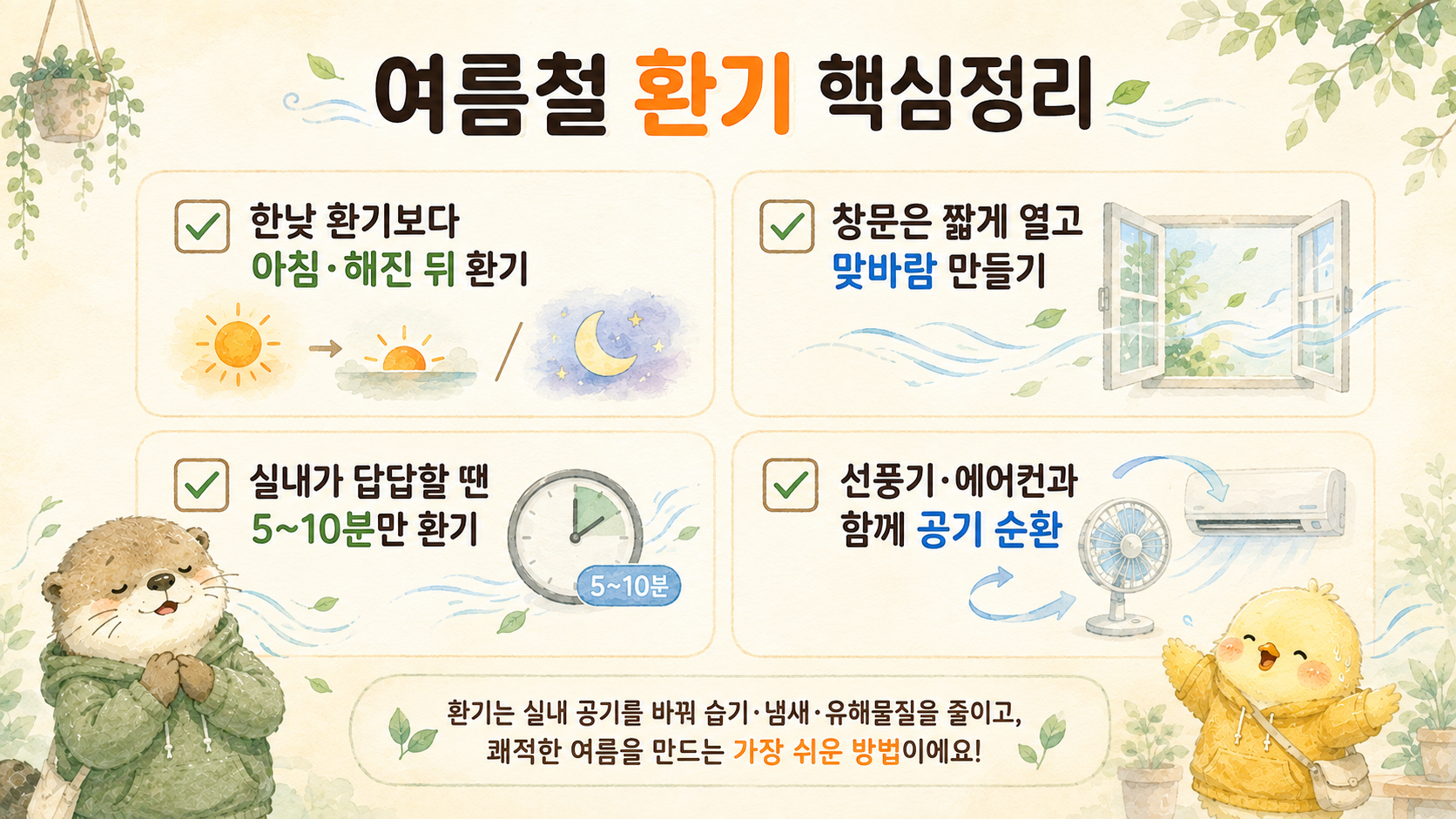 아침 저녁 환기와 공기 순환을 정리한 여름 원룸 환기 핵심정리 인포그래픽