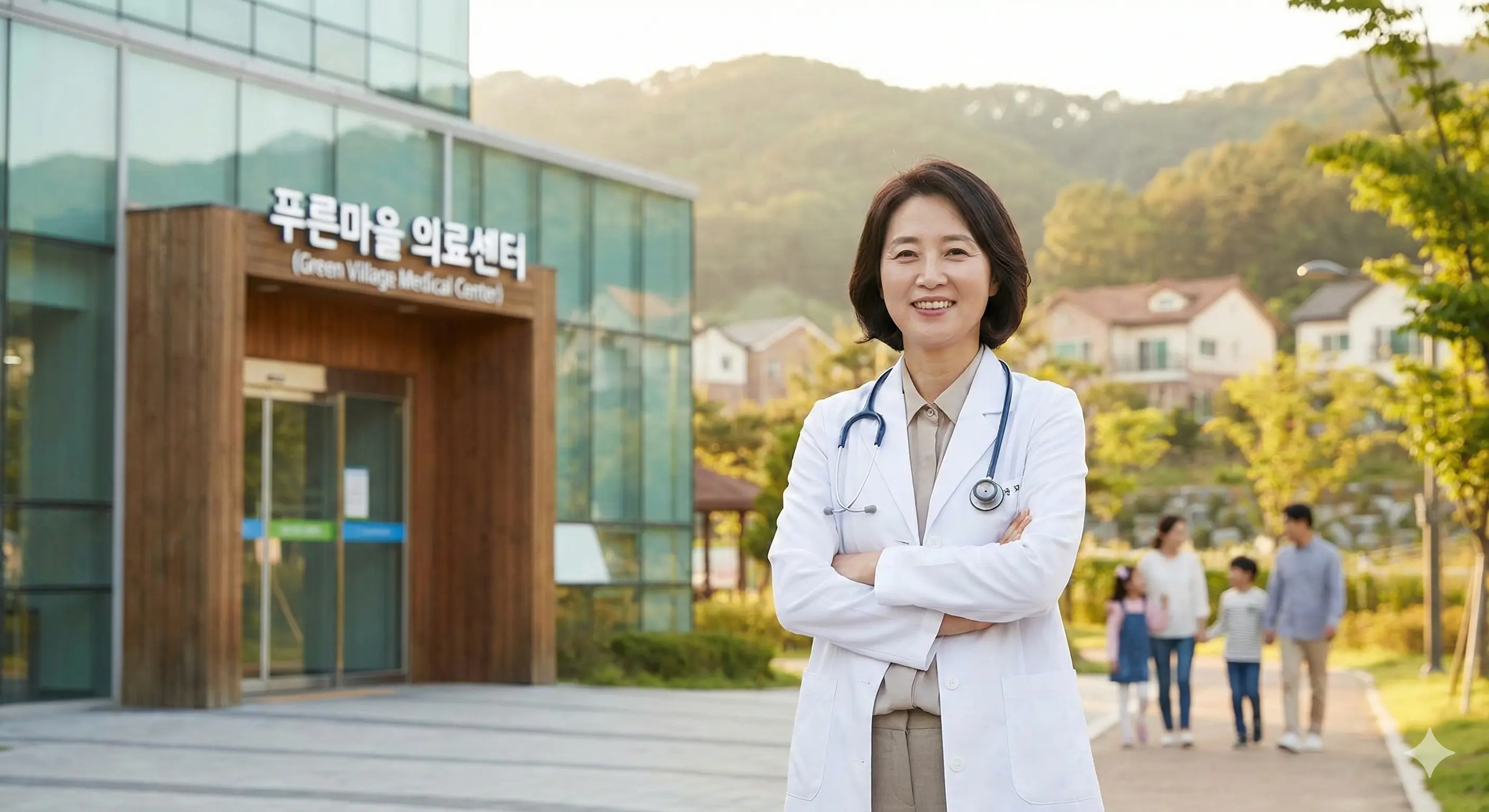 지역 사회 의료 시설 앞에 서 있는 신뢰감 있는 의사 모습
