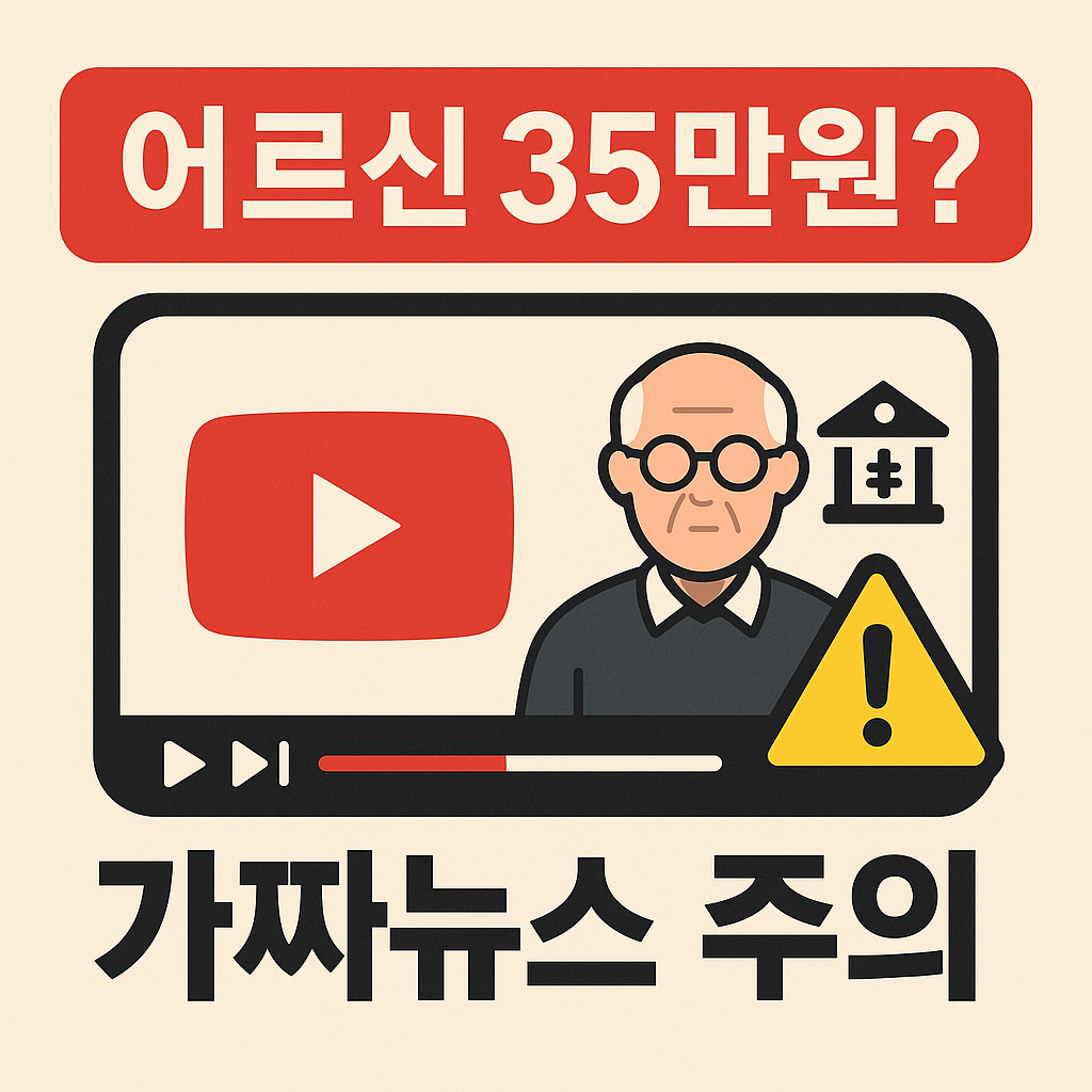 유튜브 AI 합성 인물과 ‘현금 지원’ 문구 위에 경고 아이콘이 겹쳐진 가짜뉴스 경고 이미지