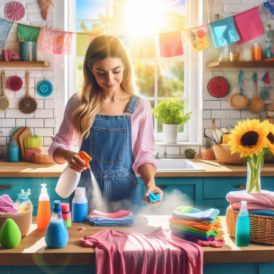 밝은 주방에서 분홍색 셔츠에 세제를 뿌리며 세탁 준비를 하는 여성의 모습