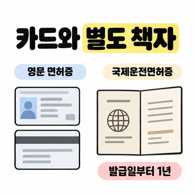 영문 면허증의 앞뒷면 카드와 펼친 국제운전면허증 책자를 비교하고 책자 아래 발급일부터 1년을 표시한 이미지