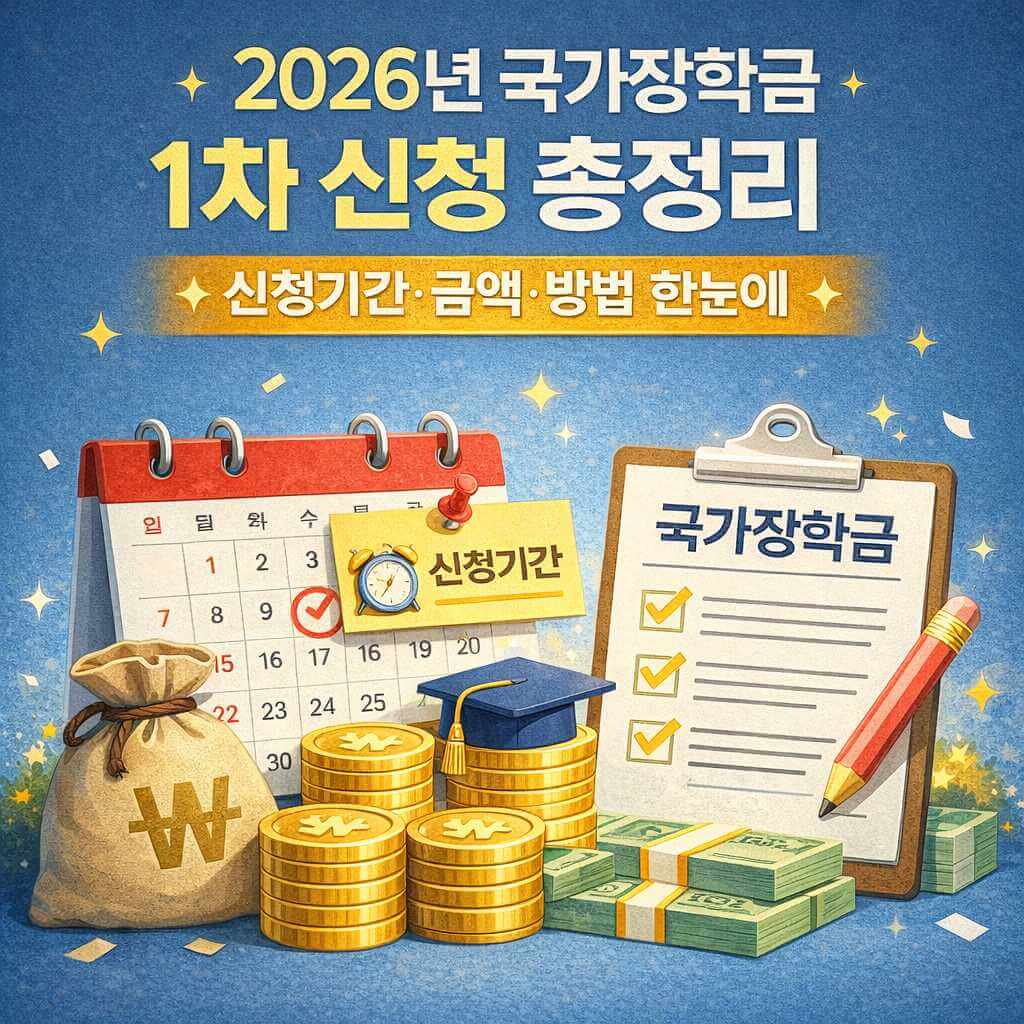 2026년 국가장학금 1차 신청 총정리 썸네일 이미지, 신청기간&middot;지원금액&middot;신청방법을 한눈에 정리한 안내 이미지