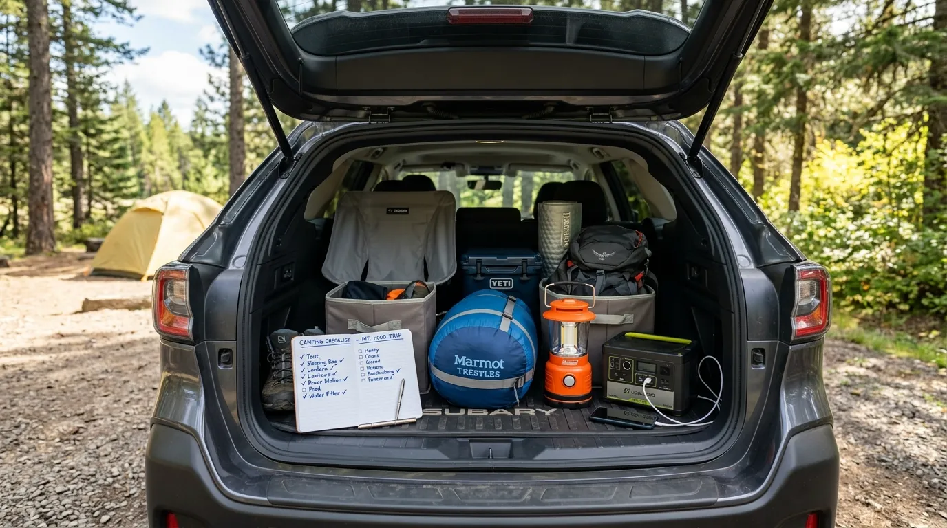 차량 트렁크에 놓인 캠핑 장비와 체크리스트 노트북