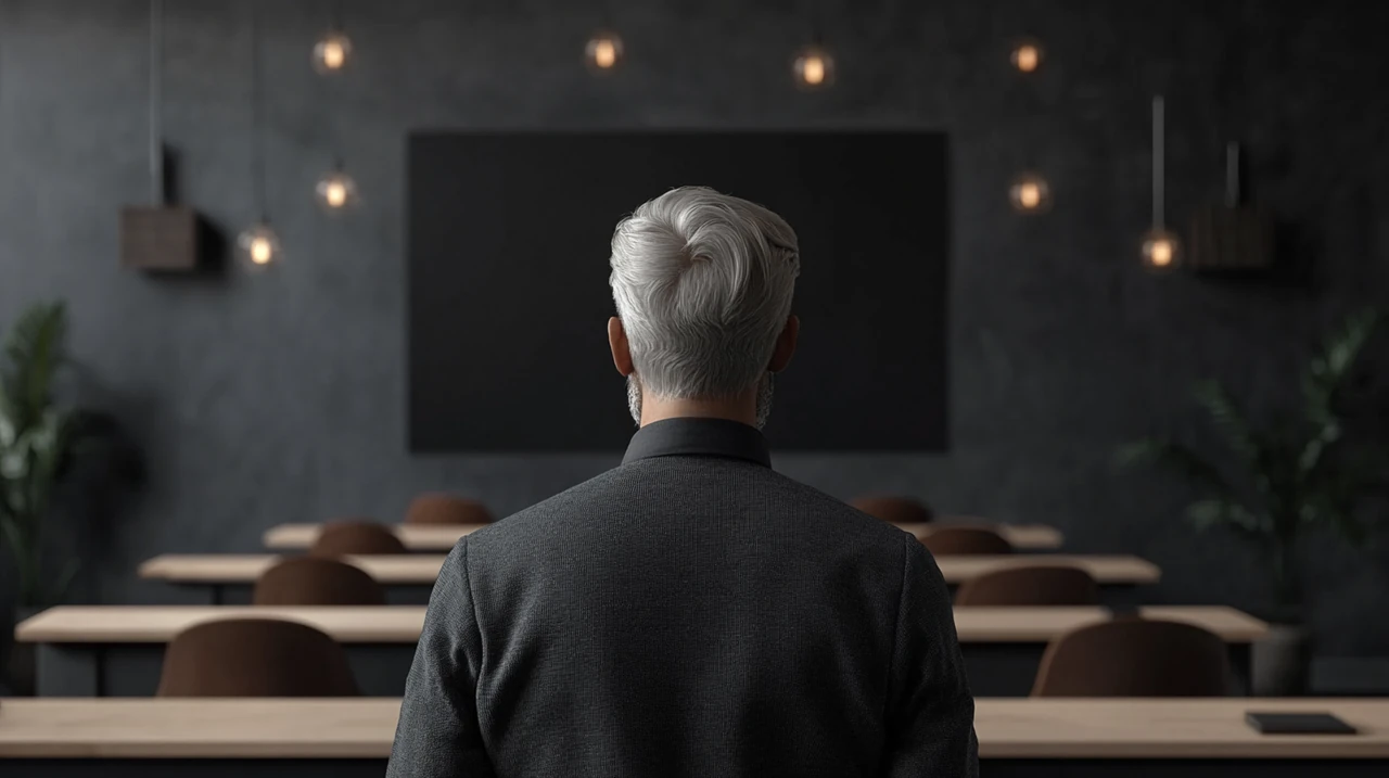 금융 자문가가 포트폴리오 전략을 설명하는 장면, 현대적 세미나 룸, 신뢰와 전문성이 강조된 교육적 상황