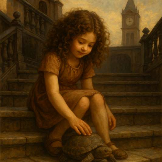 모모-이야기-중-극장-계단에-앉아-거북이를-쓰다듬는-장면