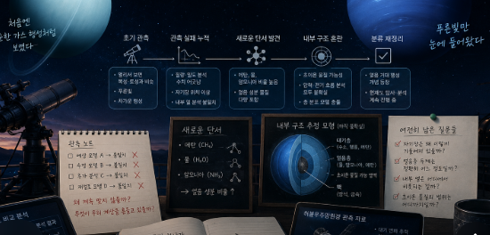 푸른빛 천왕성과 해왕성의 내부 구조 분석과 얼음 행성 분류 과정을 기록해 놓은 장면
