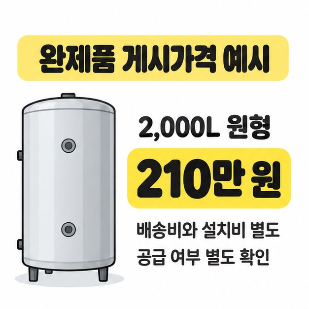 원형 2,000L 보일러 완제품 게시가격 예시 210만 원과 배송비 및 설치비 별도, 공급 여부 확인 문구를 보여주는 그림