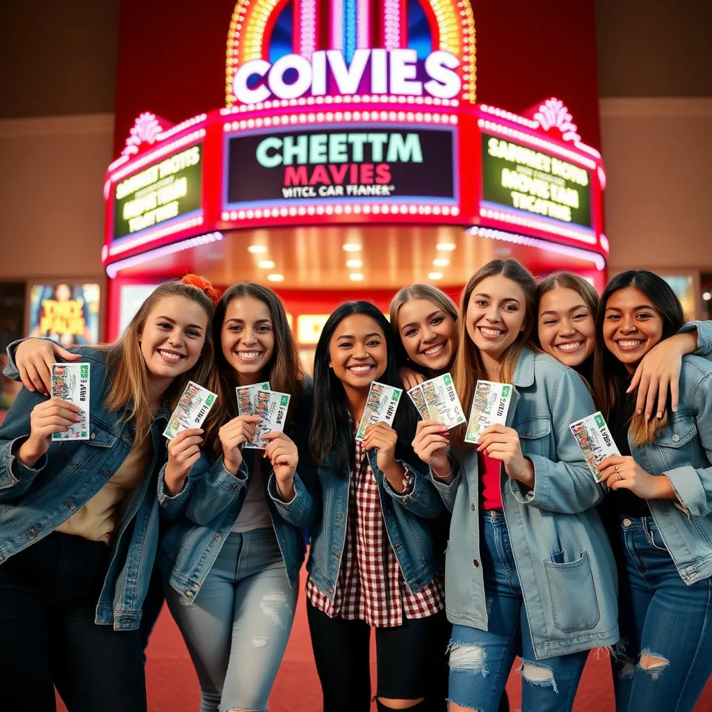 젊은 세대가 친구들과 함께 영화관을 배경으로 즐겁게 사진을 찍는 모습입니다. 이들의 손에는 할인된 영화 티켓이 들려 있으며, 트렌디하고 활기찬 분위기를 연출합니다.