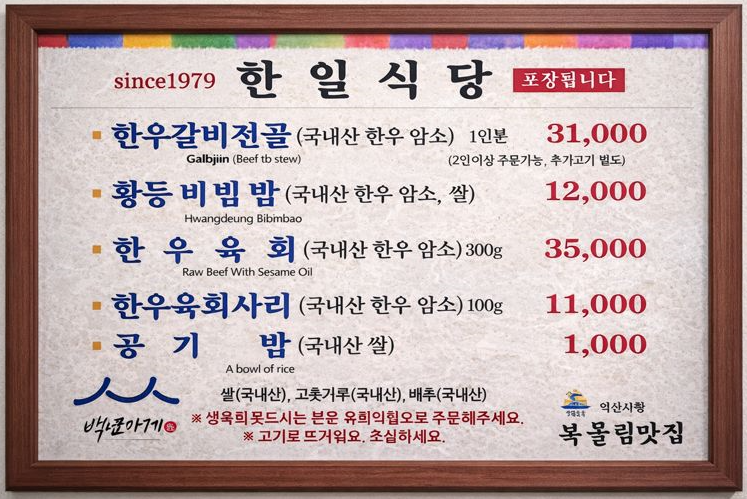한일식당메뉴판