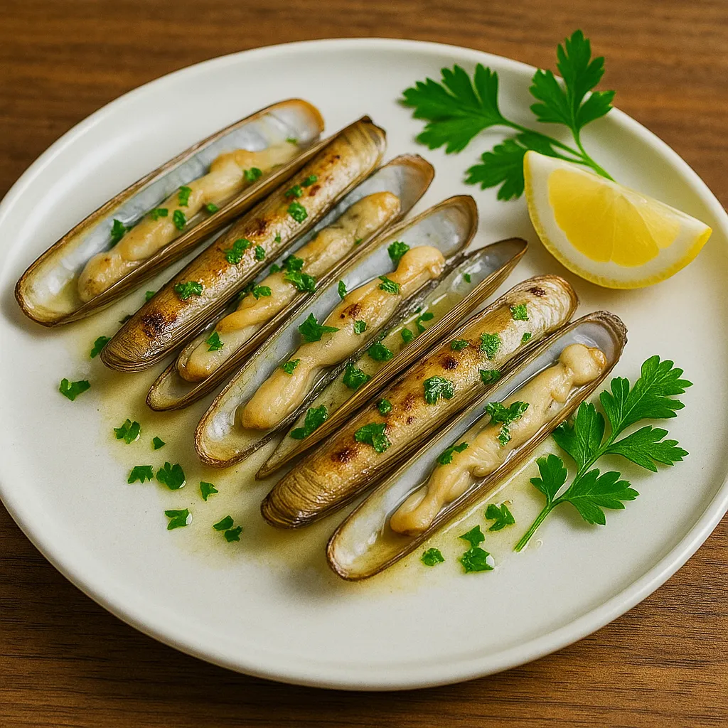 접시에 구운 맛조개와 레몬 파슬리 장식