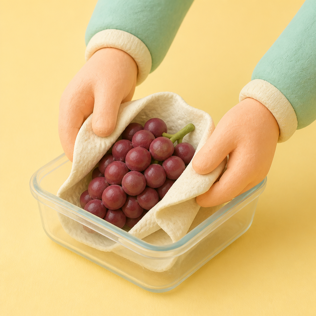 키친타월에 싸인 포도송이를 밀폐 용기에 담는 손
