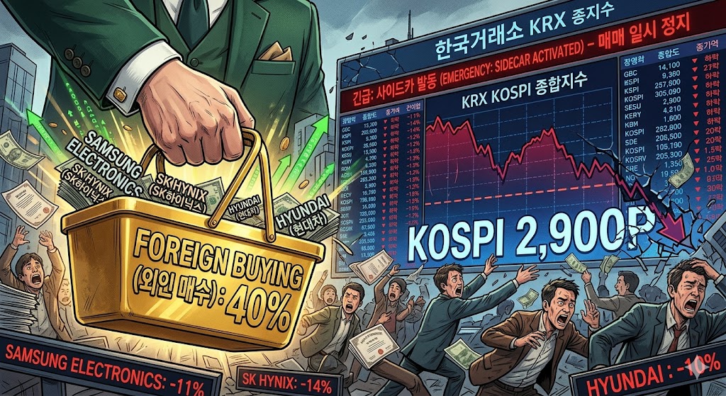 파랗게 질려 폭락하는 코스피 전광판(사이드카 발동) 앞에서 개인 투자자들이 공포에 질려 주식을 던지는 순간, 뒤편에서 거대한 외국인 투자자(신사)의 손이 나타나 40%라는 숫자가 박힌 황금 바구니로 삼성전자&middot;SK하이닉스&middot;현대차 주식을 무섭게 쓸어 담는 반전 분위기의 일러스트